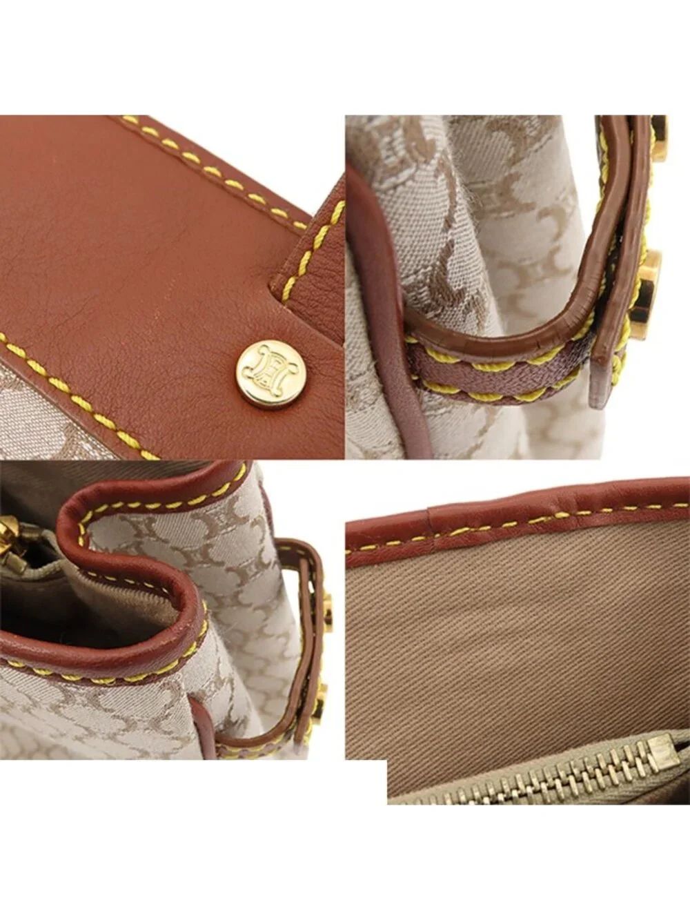 Celine Tote Beige Canvas Leather Macadam Pattern Handbag